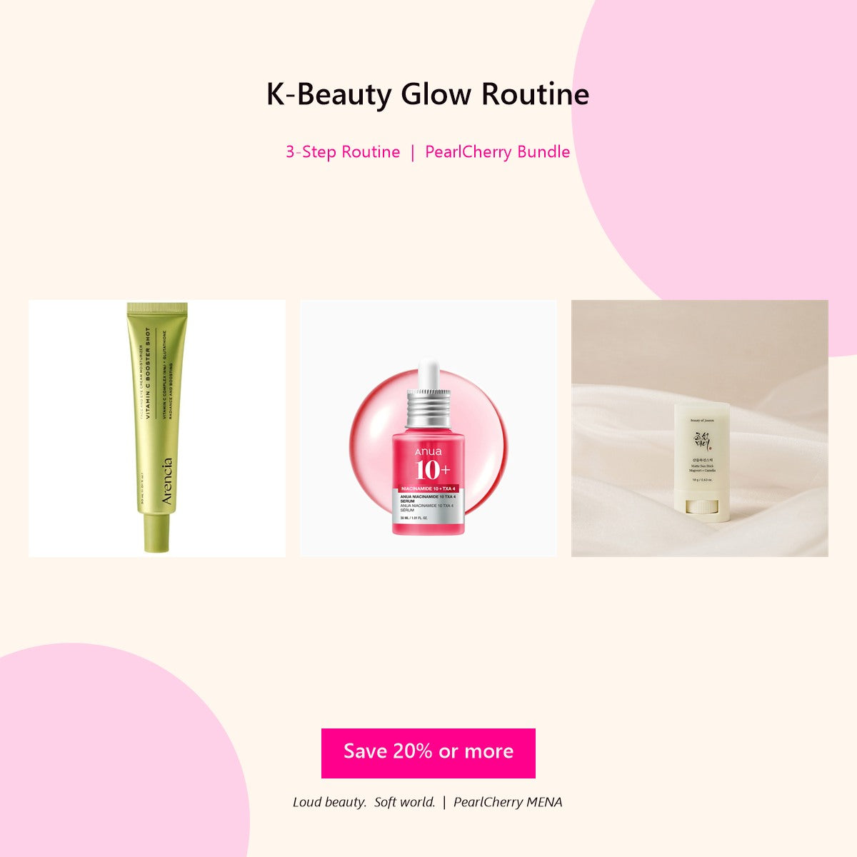 K-Beauty Glow Routine bundle: Arencia Vitamin C, Anua Niacinamide, Beauty of Joseon SPF
