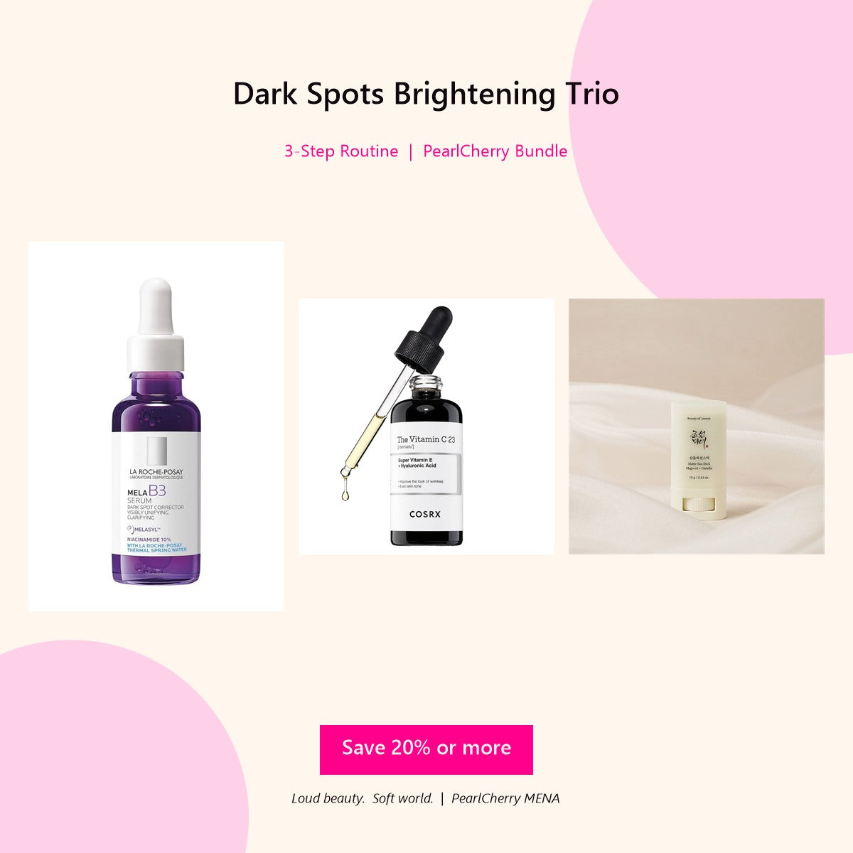 Dark Spots Brightening Trio: La Roche-Posay Mela B3, COSRX Vitamin C 23, Beauty of Joseon SPF